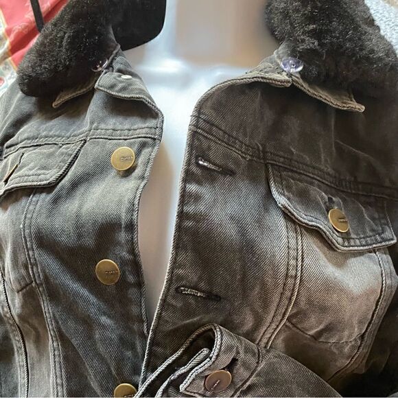 Black/grey  denim jacket with removable faux fur collar sz M - Picture 11 of 16